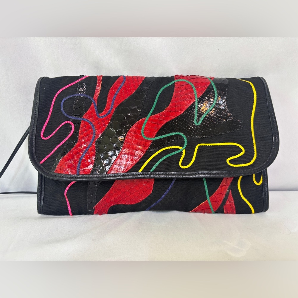 Vintage 80s Carlos Falchi Leather Snakeskin Multi-Colored Appliqué Crossbody Bag